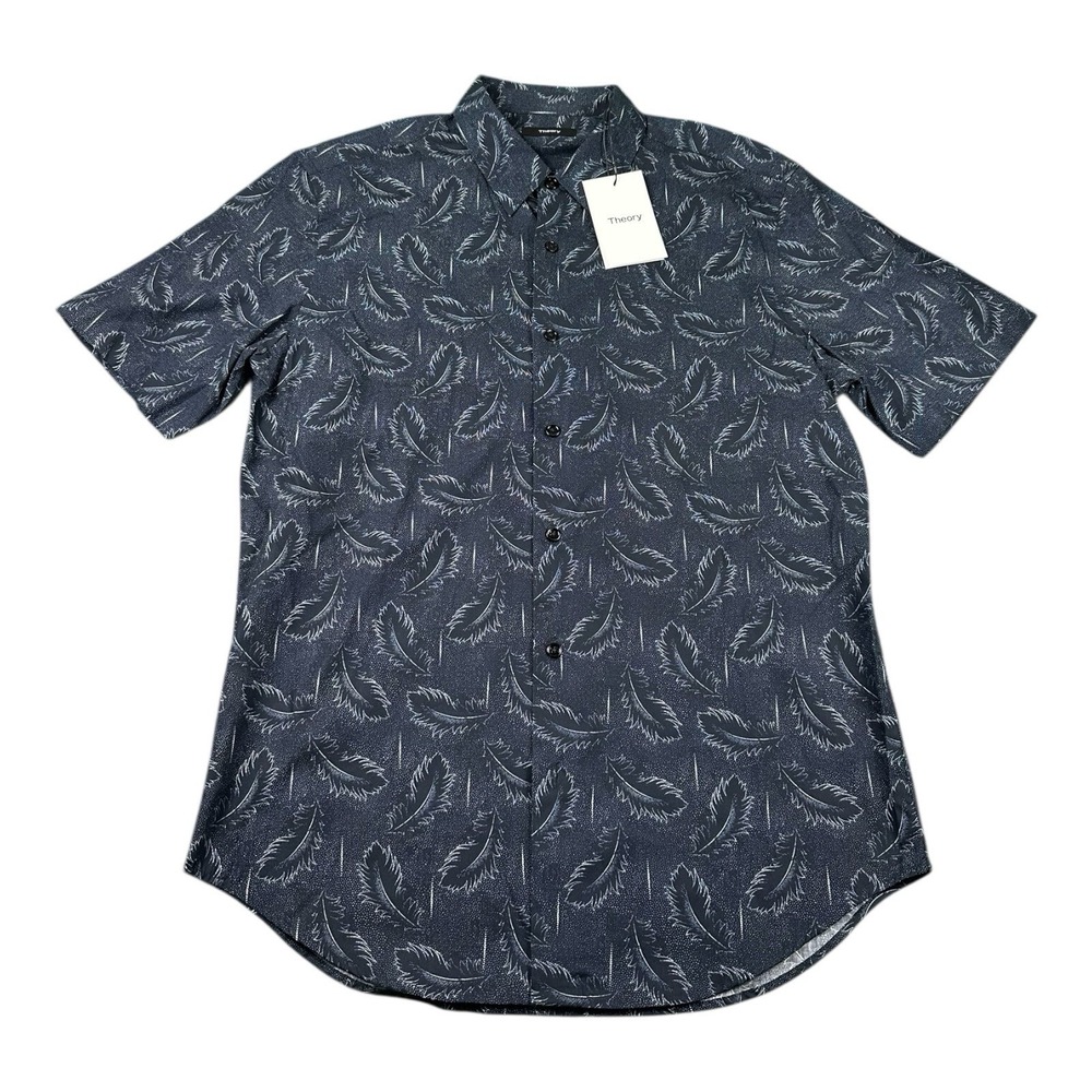 Theory Mens Clean SS Shirt Ink Multi Dotted Feather Blue Cotton Button Up M NWT